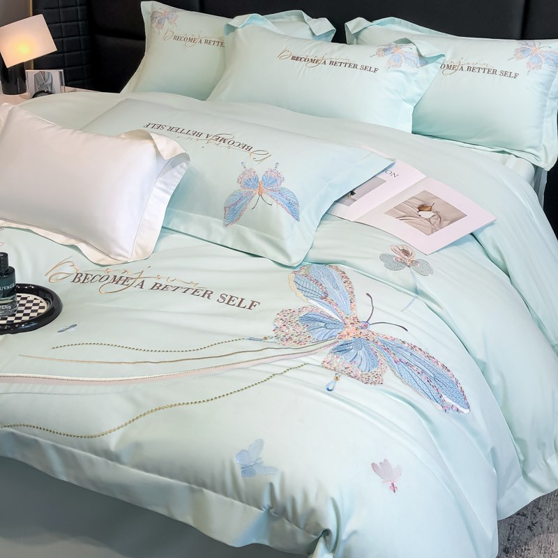 母婴级A类200支四件套刺绣100全棉加厚被套床单床上用品4