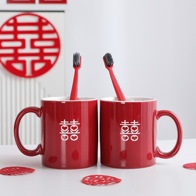结婚牙刷杯子套装情侣漱口杯红色一对陪嫁陶瓷洗漱杯牙缸刷牙杯子