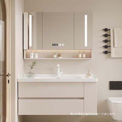 法式奶油风浴室ZXD柜现镜柜组合简约代陶瓷体盆脸侧边收纳洗一池