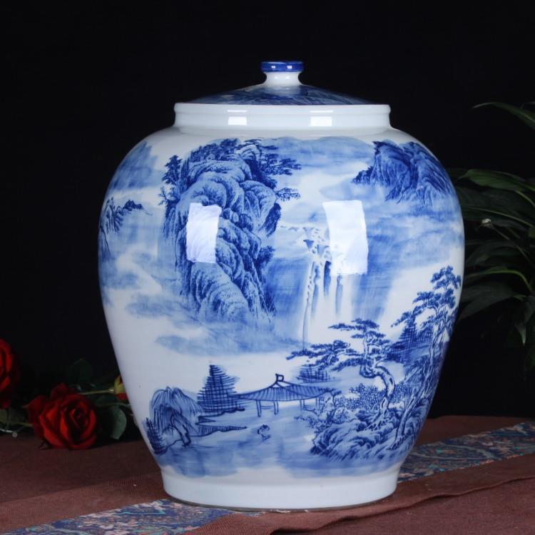 绘五陶彩国画HNH水瓷米缸储物缸家用手陶瓷带盖山缸摆件