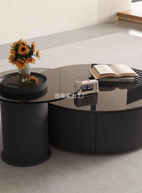 岩板感茶室组合茶几极简轻奢户家意LXF用圆形小型储茶桌物式客厅
