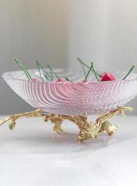 XTZ新中式轻创奢波纹玻璃果盘摆件华意高颜底值树奢枝花朵座果碗