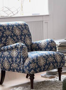美式复布艺古老虎椅田园格蓝色碎花风单实人沙发KCB客厅卧室木单