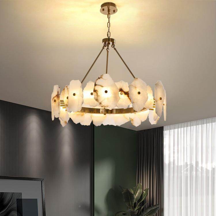 客厅灯现代约轻奢西班牙云石吊灯天然全简铜家用卧760灯室灯中吊