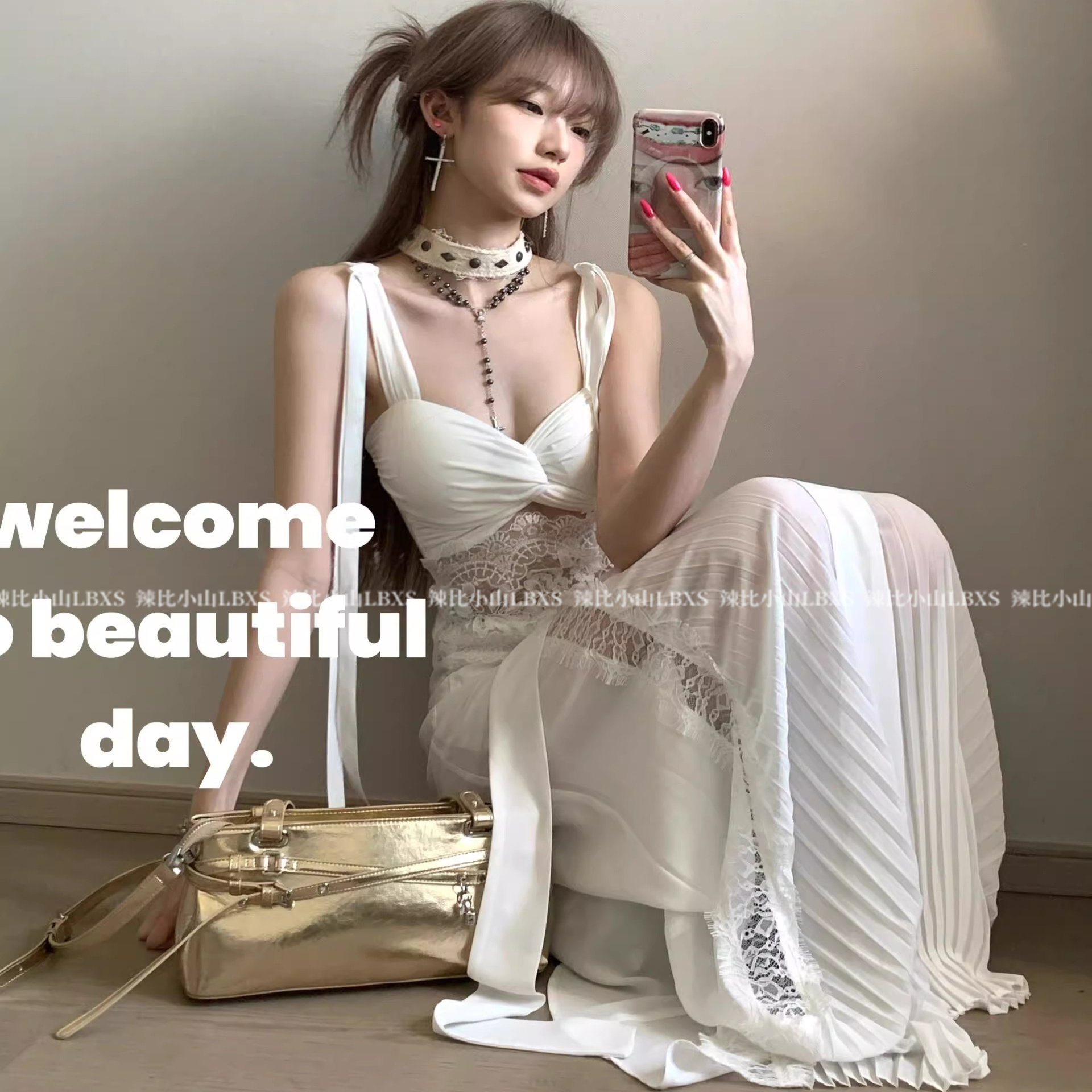 蕾丝拼接纯欲扭结吊带背心女夏季设计感套装鱼尾半身裙白色两件套,女装/女士精品,时尚套装,淘宝优惠券,粉丝福利购,淘宝优惠卷