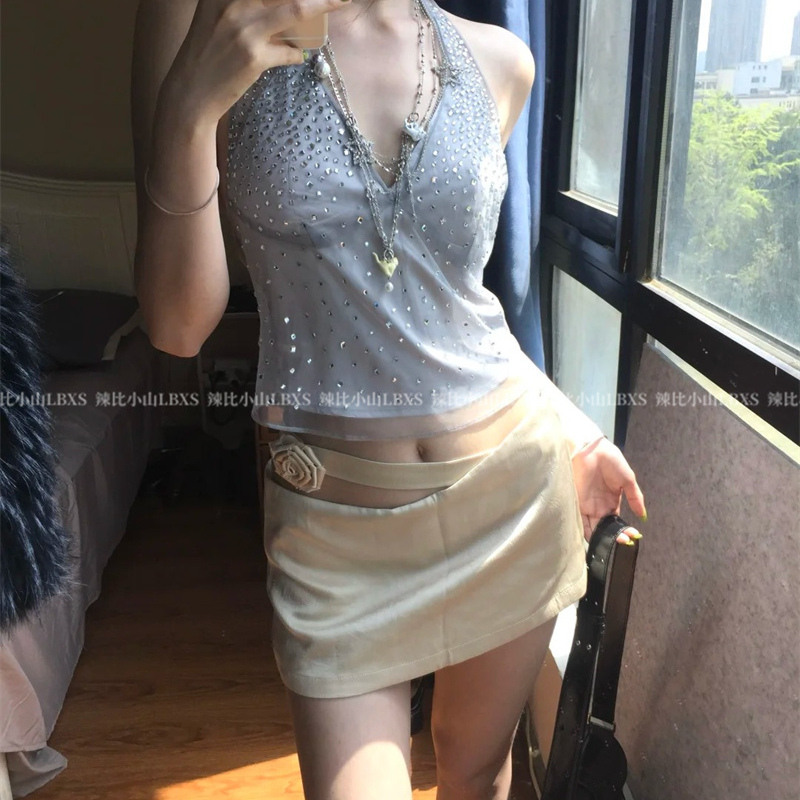 纯欲辣妹风重工烫钻V领无袖挂脖背心女夏季低腰包臀半身裙两件套