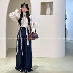 韩系温柔风气质V领显瘦长袖衬衫蕾丝花边衬衣高腰阔腿裤早春套装