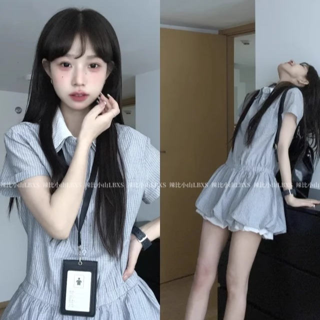 高知ins学院风假两件翻领衬衫连衣裙女夏季收腰显瘦条纹花苞短裙