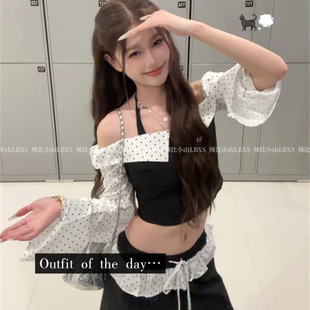 两件套 芭蕾风甜辣妹波点拼接一字肩修身 短款 上衣女秋季 高腰阔腿裤