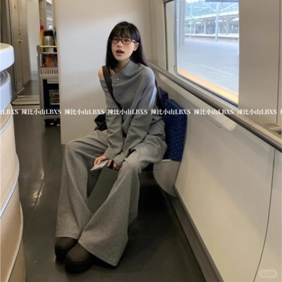 休闲慵懒风套装女斜肩长袖宽松卫衣秋季高腰拖地阔腿长裤两件套装