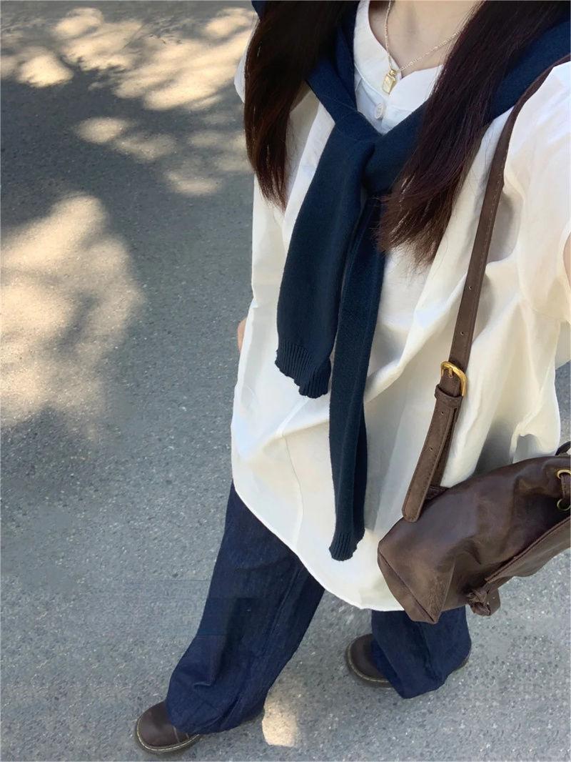 夏季韩系甜美风泡泡短袖衬衫减龄宽松小个子上衣外搭针织披肩套装