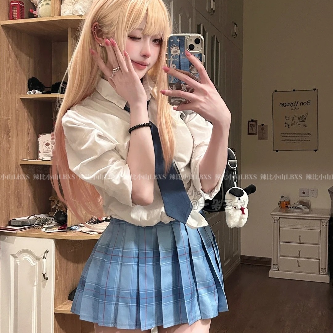 高知感jk制服学院风POLO领长袖宽松衬衫女高腰格纹百褶半身裙套装