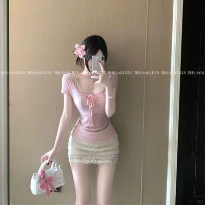 甜辣纯欲风系带U领短袖修身T恤女夏季高腰蕾丝包臀半身短裙两件套