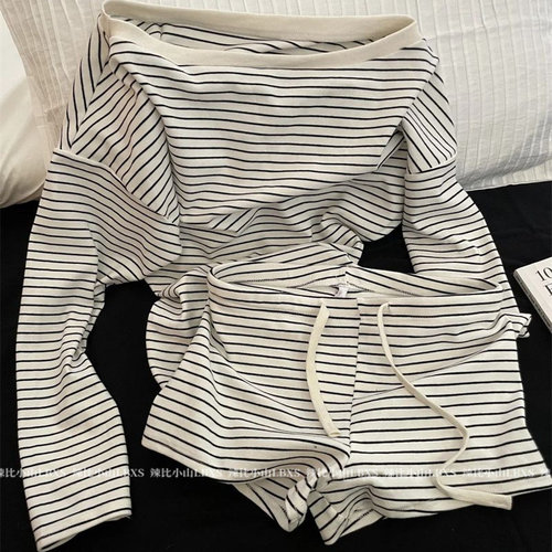 纯欲辣妹套装条纹斜肩长袖T恤女高腰直筒短裤居家服可外穿两件套