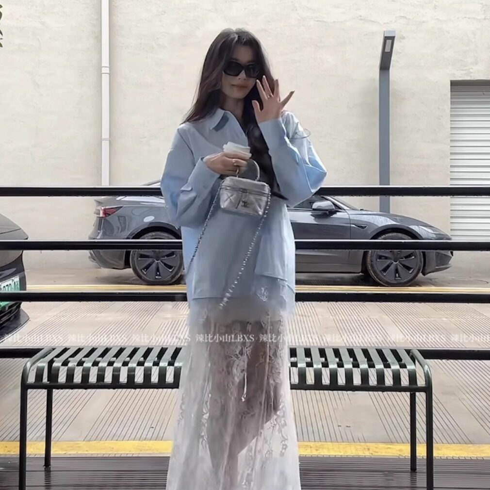 蕾丝拼接polo领衬衫外套女春季长袖宽松防晒衬衣蓝色气质开衫上衣