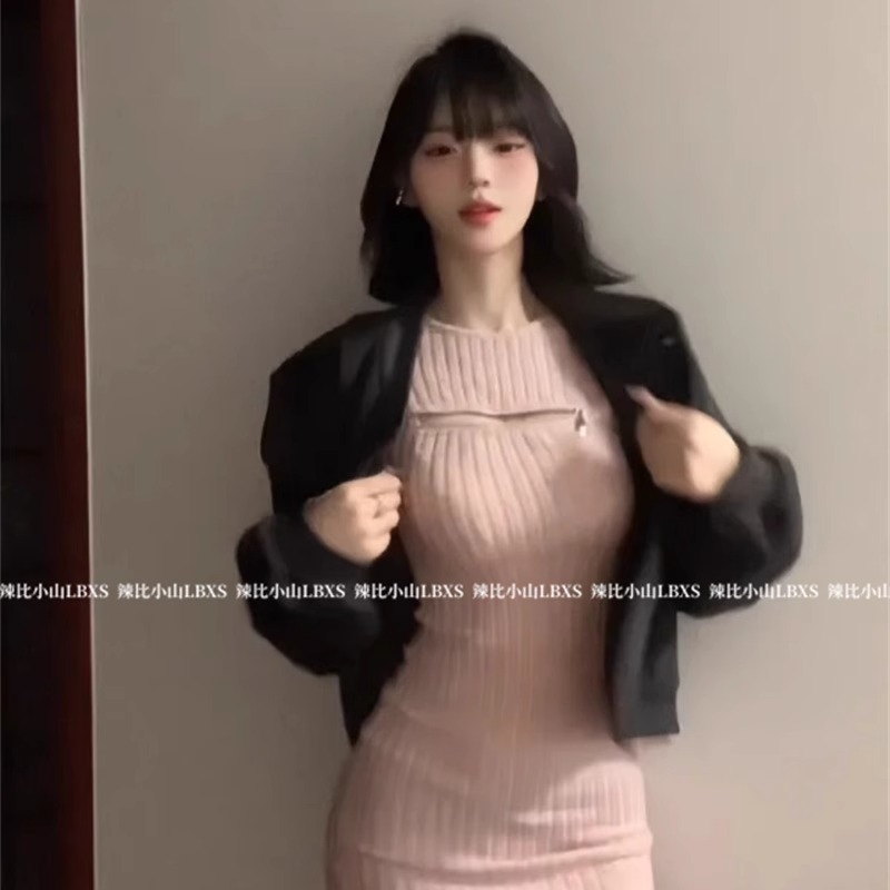 性感辣妹风拉链镂空长袖修身针织连衣裙叠穿短款毛呢外套女两件套