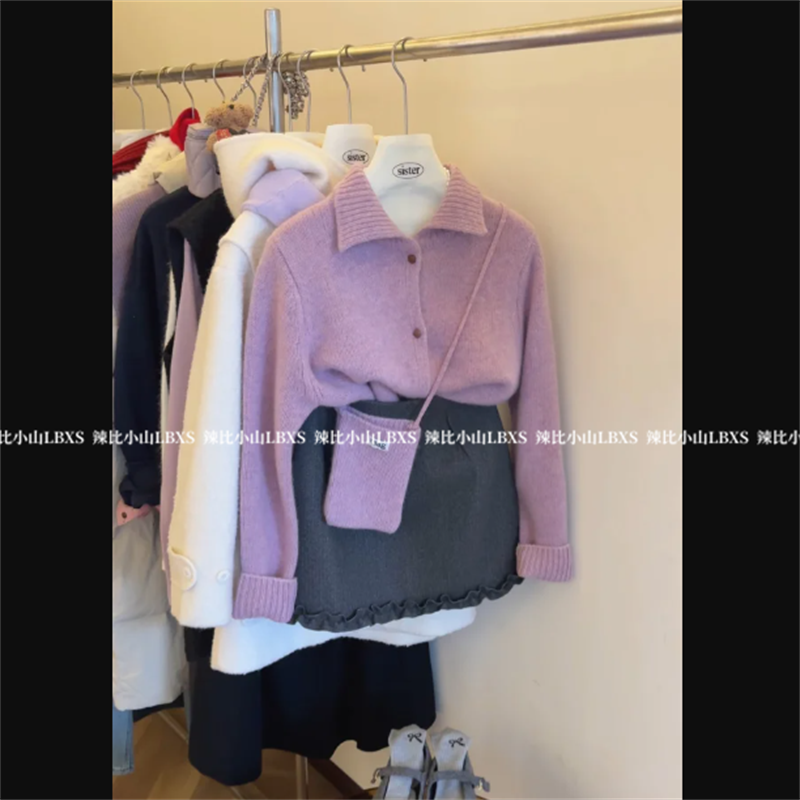 韩系温柔风高级感翻领长袖针织开衫2024冬季宽松显瘦百搭毛衣外套