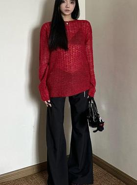 美式辣妹马海毛针织衫女新款春季设计感小众宽松红色露背上衣ins