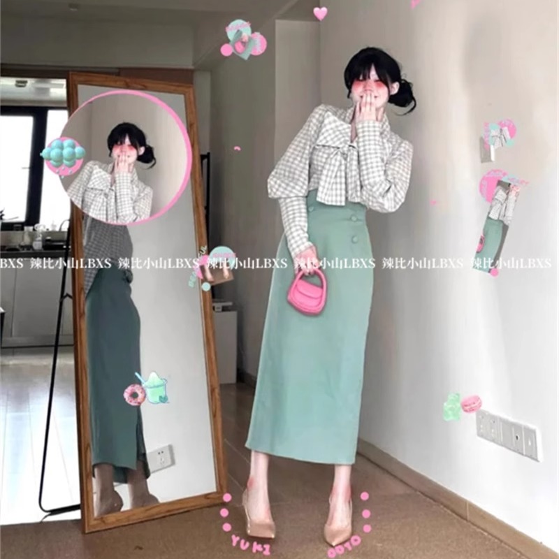 韩系千金风系带格子修身长袖衬衫女秋季高腰显瘦包臀中长裙两件套