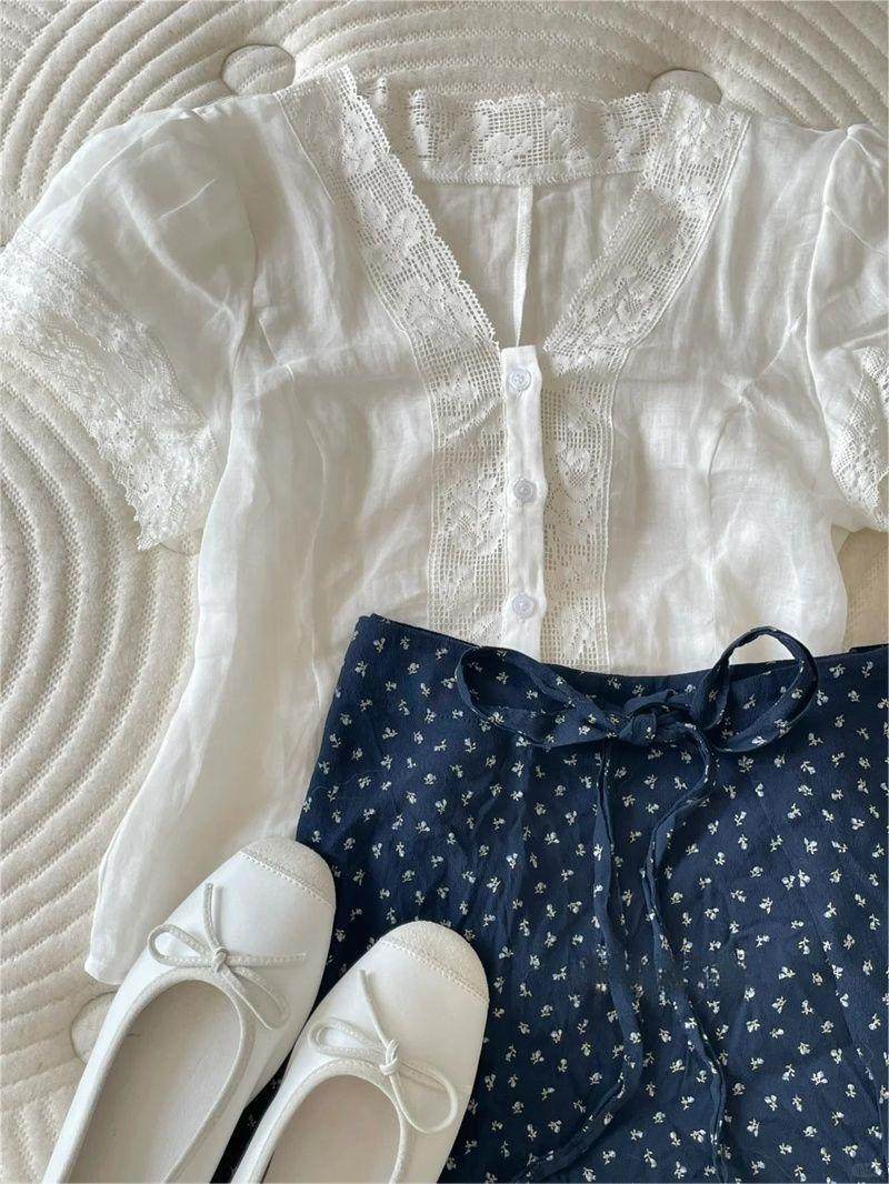 KOREAN GENTLE AND SWEET V-NECK SHORT-SLEEVED LACE SHIRT SUMMER DESIGN HIGH-WAISTED FLORAL TIE SKIRT SET