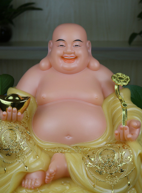 工厂家用客厅桌面摆件玄关招财汉白玉金大肚开口笑弥勒佛