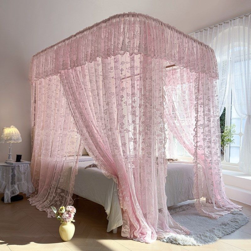 新款U型导轨蕾丝蚊帐加厚铝合金轨道家用3开门落地加密防蚊虫床幔