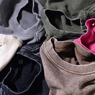 圆领卫衣情侣百搭休闲打底衫 重磅350克水洗做旧长袖 T恤男春秋薄款