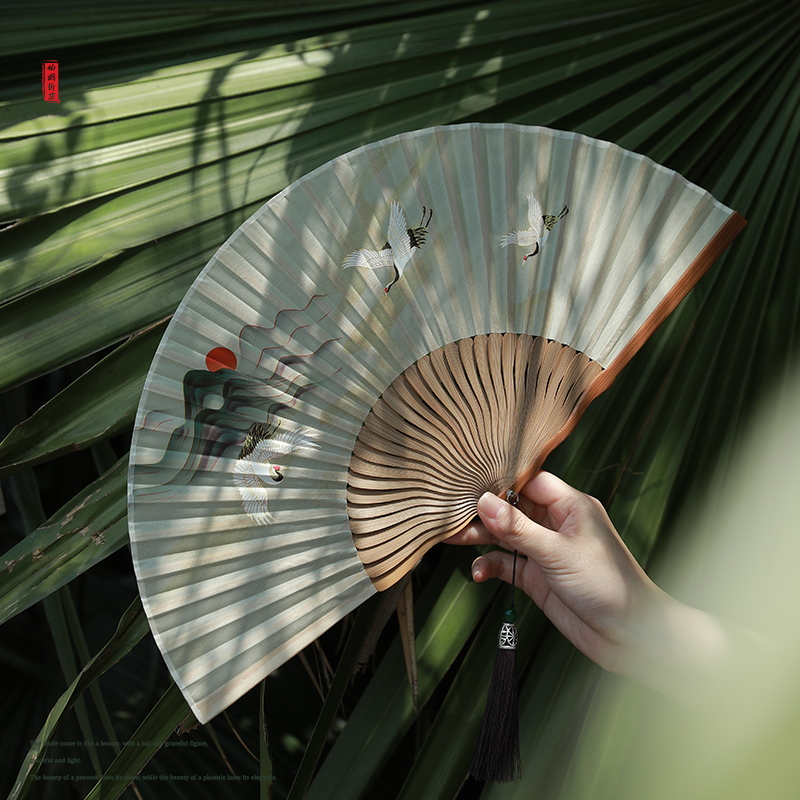 折扇古风扇子仙鹤竹扇夏季仙气汉服国风折叠便携全竹小扇子男女式