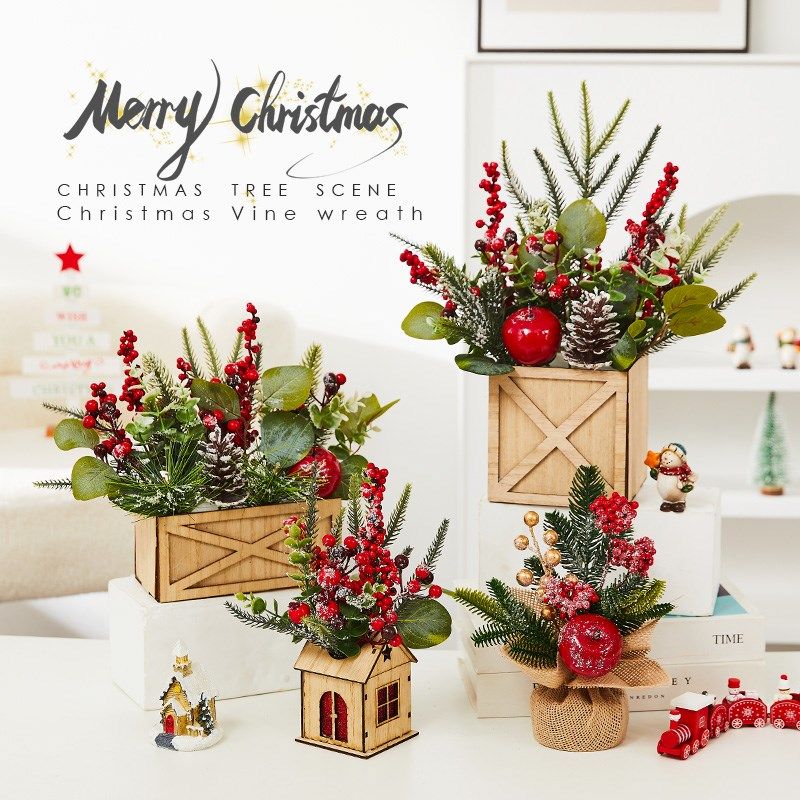 圣诞节装饰摆件圣诞小树花盆发财果桌面发光木质圣诞柜台橱窗装饰