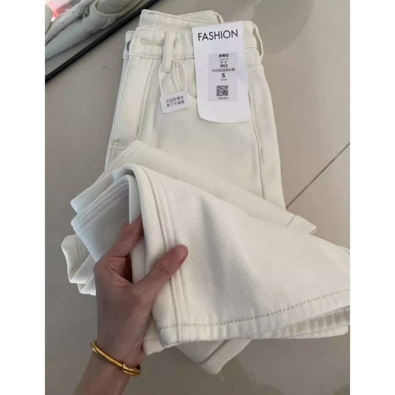 米白色加绒宽松直筒牛仔裤女秋冬新款高腰显瘦休闲百搭窄版阔腿裤