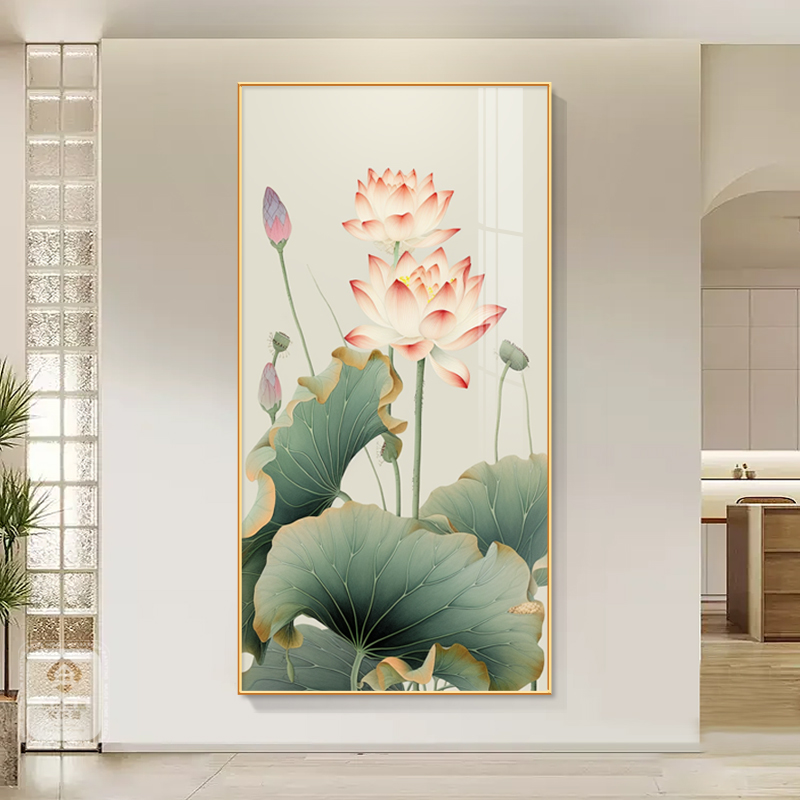 荷花水墨装饰画入户玄关走廊过道挂画中国风高级感大气晶瓷墙壁画图片