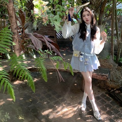 渔小平 蓝色白月光 新中式国风套装女2024春季新款马甲半裙两件套