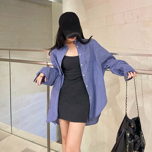 型衬衫 2025春季 女大版 上衣超好看bm蓝色格子衬衫 外套宽松衬衣 新款