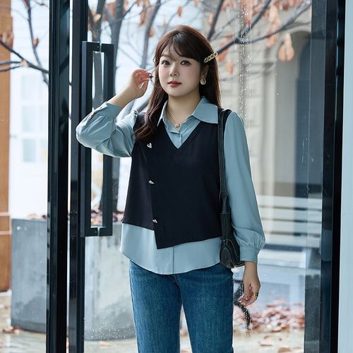 假两件套马甲衬衫拼接女长袖秋装大码胖mm显瘦设计感套头衬衣上衣