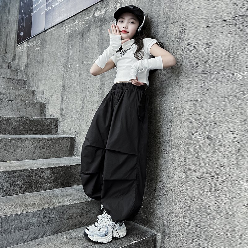 儿童夏季短款短袖T恤爵士舞嘻哈街舞服女童hiphop表演甜酷阔腿裤