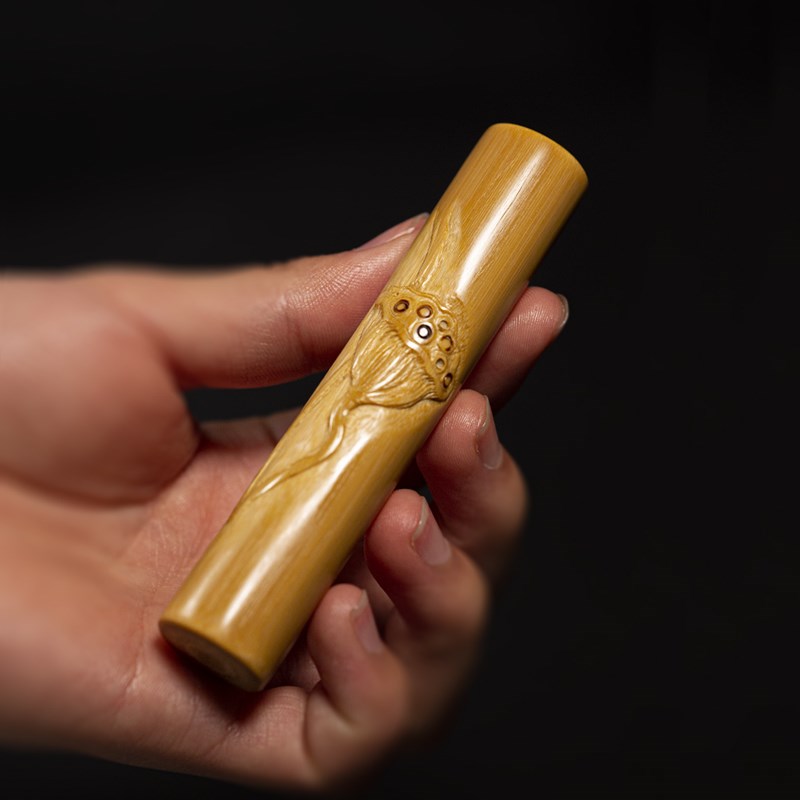 艺竹情文玩玉竹实心竹荷莲名师精雕高密度玉化实心竹手把件配饰