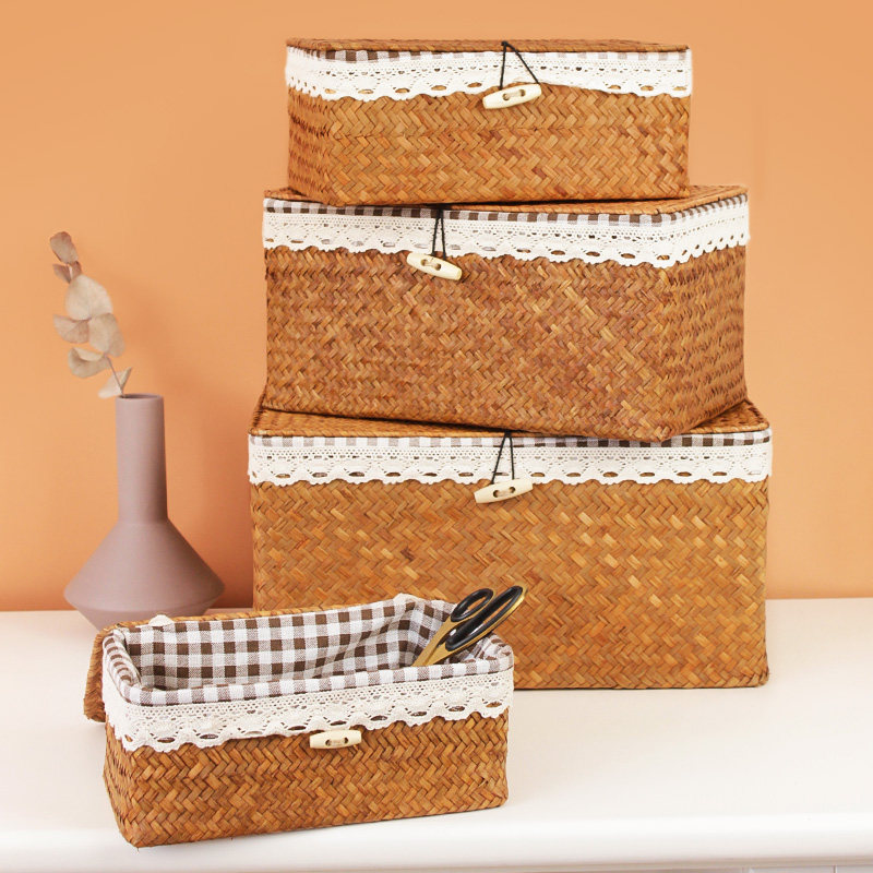 现货速发草编收纳筐海草篮子藤编竹编收纳框带盖编织储物筐桌面零,收纳整理,其他收纳篮,淘宝优惠券,粉丝福利购,淘宝优惠卷