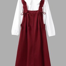 春秋冬日系少女学生背带红色连衣裙白色衬衫两件套装学院风a字裙