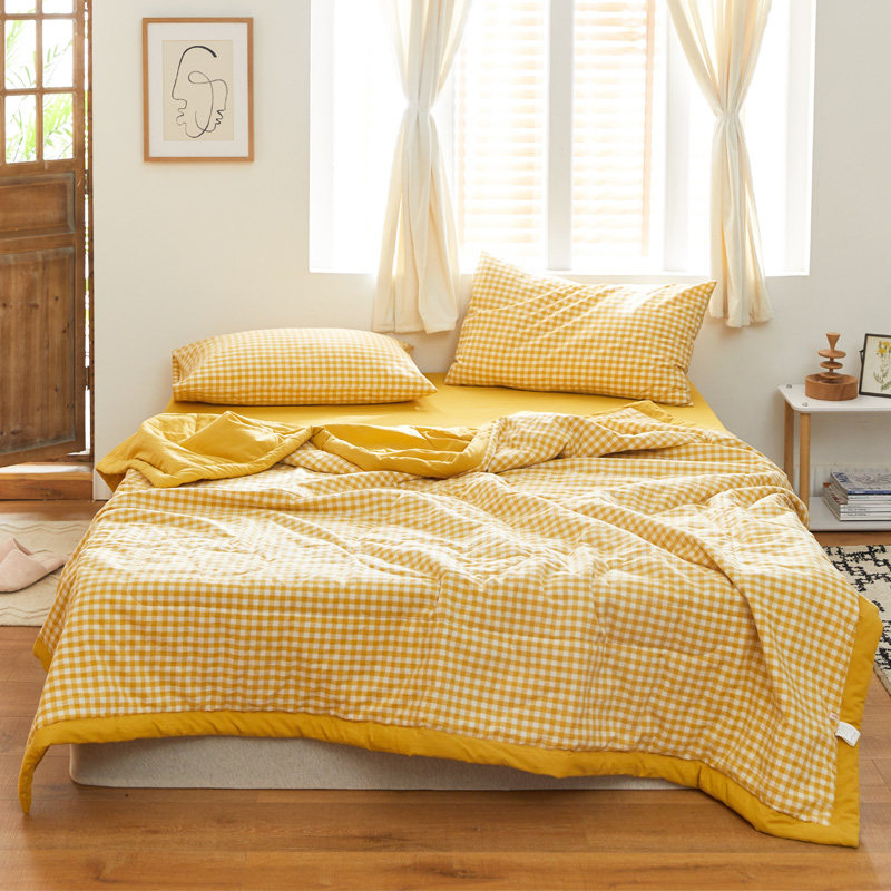 日式纯棉水洗棉夏凉被 简约全棉格子空调被 单双人可机洗夏薄被子