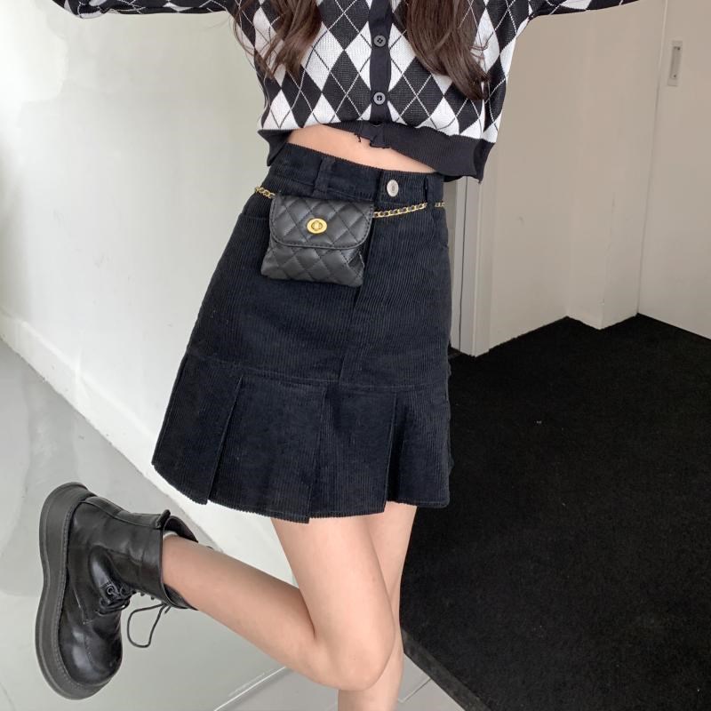 大码灯芯绒半身裙女秋冬学院风百褶裙胖mm高腰显瘦百搭a字短裙子