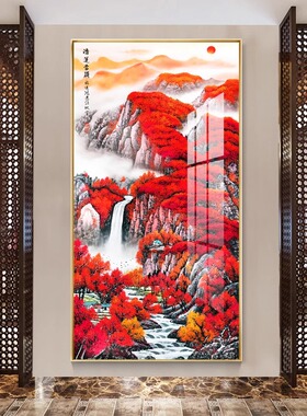 新中式玄关装饰画 高清山水壁画客厅挂画 拉丝金框装饰画 过道走
