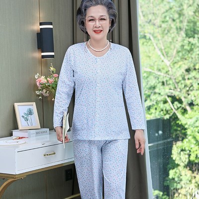 中老年纯棉女开衫薄款秋衣妈妈全棉对襟宽松大码长袖长裤家居套装