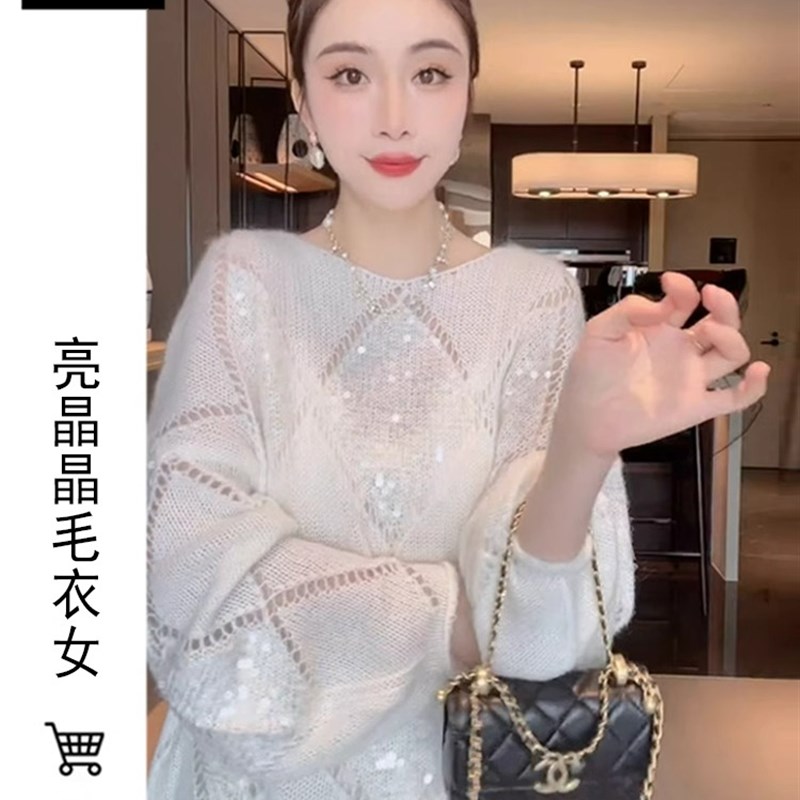 女春装重工亮片高级感针织衫春夏薄款宽松气质镂空罩衫小个子上衣