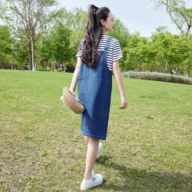 假两件洗水牛仔背带裙休闲少女初中生夏季13岁裙子条纹拼接连衣裙