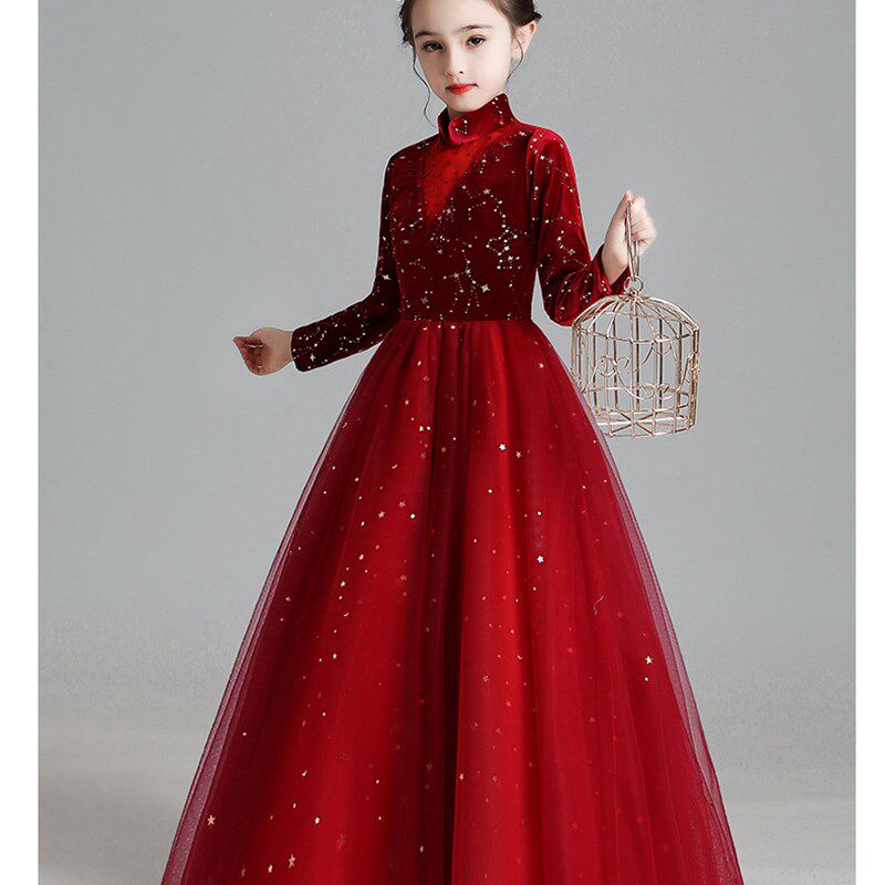 小女孩长袖红色高端主持人礼服公主裙蓬蓬纱裙花童生日钢琴表演服
