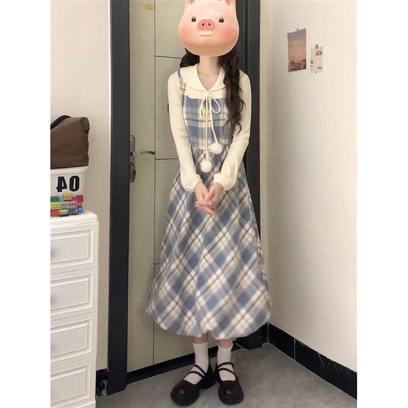 2025春季新款甜美温柔风毛球假两件拼接花苞连衣裙+蓝色短款外套