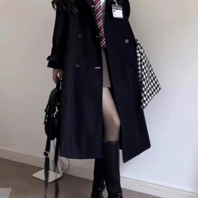 高级感jk制服风衣外套中长款学院风女春秋季黑色大衣套装2025新款