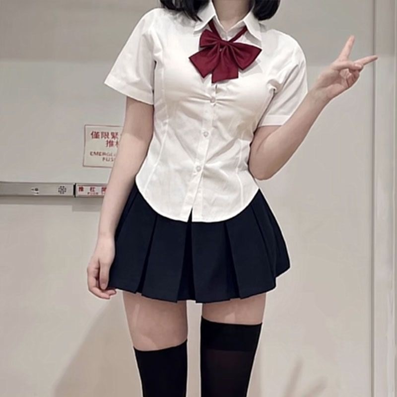 日系jk制服收腰短袖衬衫女纯欲辣妹修身显瘦正肩衬衣白色短款上衣