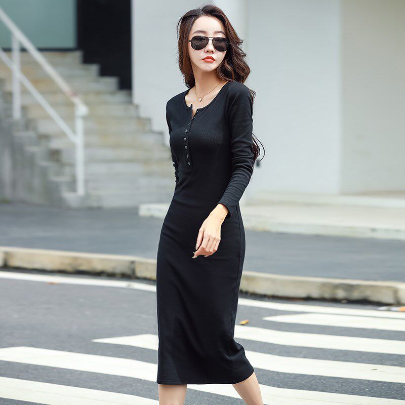 春季长袖打底连衣裙2024女装新款休闲百搭气质修身包臀裙显瘦长裙