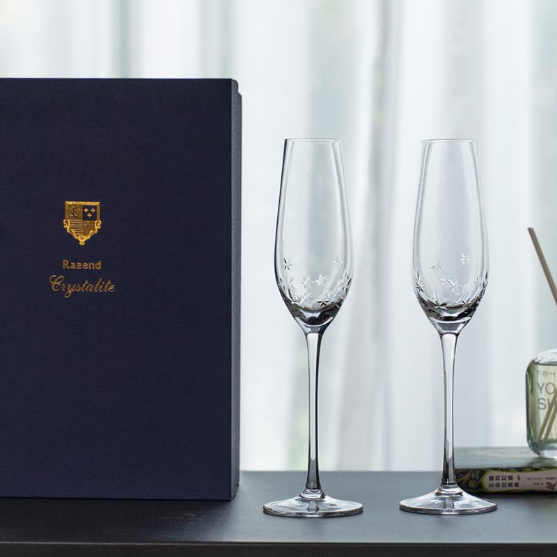 刻花水晶玻璃香槟杯 甜酒杯气泡红酒杯鸡尾酒杯一对礼盒套装